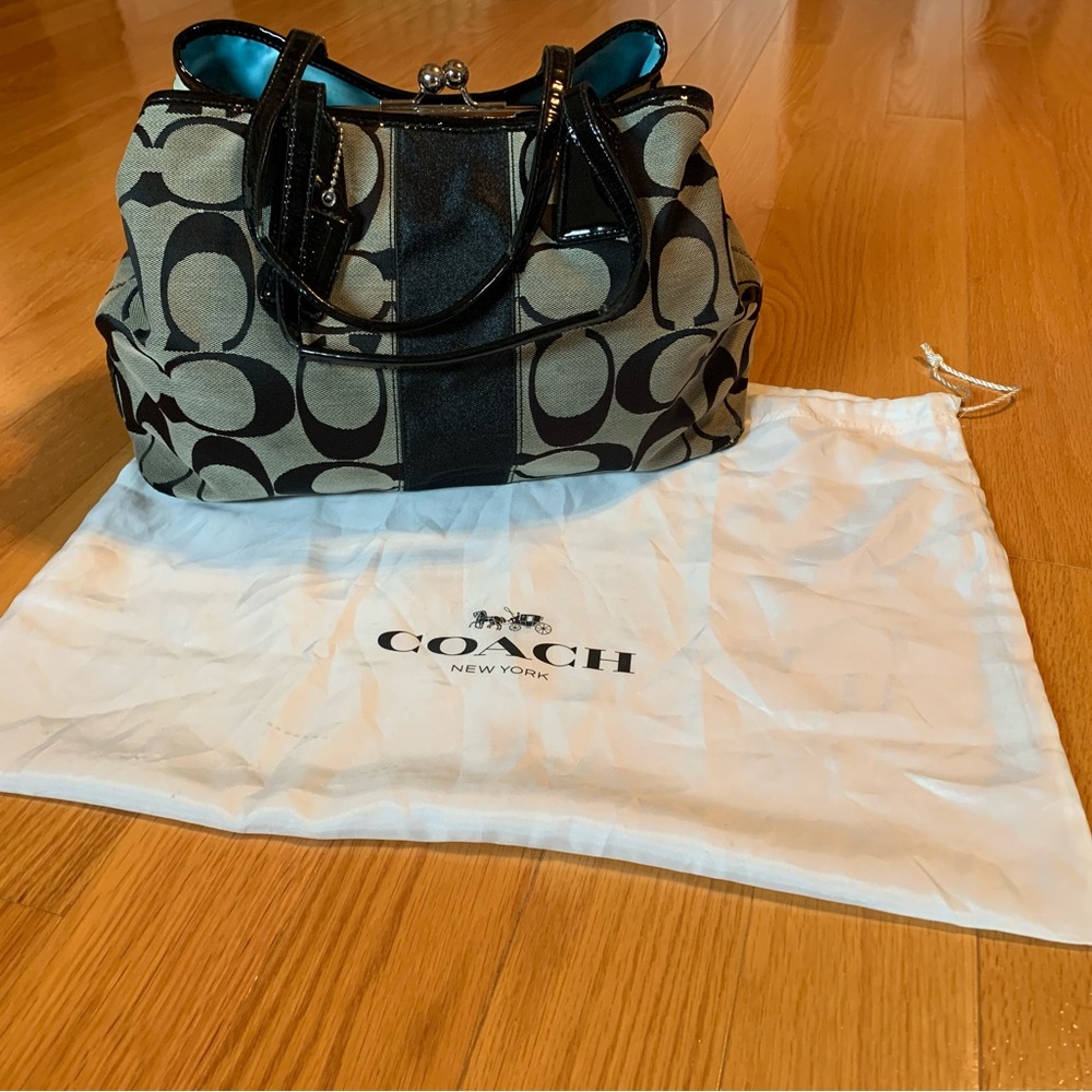 Authentic large black and grey Coach monogram canvas tote bag.